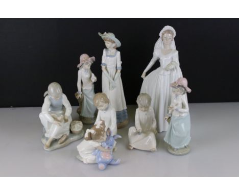 Eight Nao by Lladro porcelain figures to include a Bride figure (34 cm tall), a young girl with removed shoe, 1263 ' I Love Y