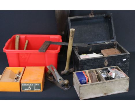 A collection of fishing tackle to include reels contained within a wooden tackle box together with a small quantity of tools 