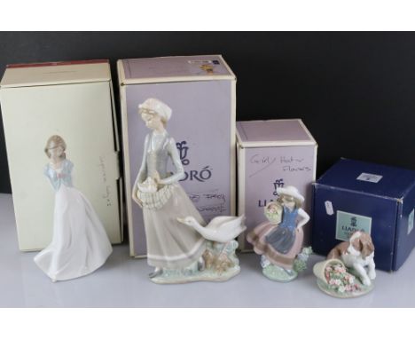 Three Lladro figures to include a boxed 7672 " It Wasn't Me! " Collectors Society dog figure, a boxed 5221 ' Sweet Scent ' gi