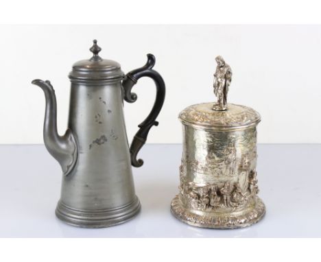 Silver Plated Tobacco Jar with relief decoration of Figures and Boats in a Harbour with lead lid to interior, possibly Dutch,
