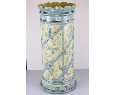 Early 20th Century Burmantofts Faience green-glazed pottery stick stand, relief decorated with leaves and berries, numbered 1