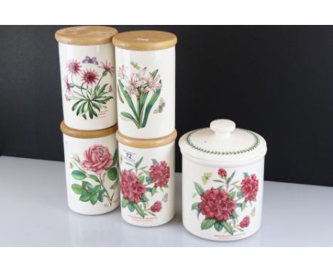 Portmeirion - Two ' Botanic Garden ' storage jars with wooden lids (21cm tall) together with 2 similar Portmeirion storage ja
