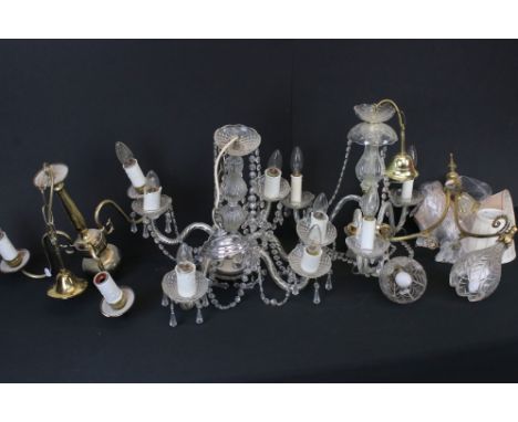 A collection of antique interior lighting to include a glass three branch chandelier. 
