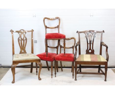 Two 19th century Mahogany Chippendale style Dining Chairs, one being a carver, together with Three Victorian Mahogany Balloon