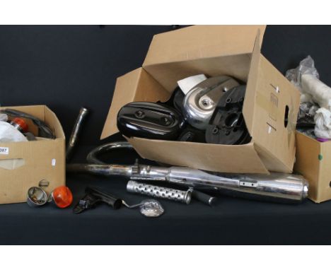 A collection of mixed motorcycle parts and accessories to include indicators, exhaust and air boxes..etc.. to include Harley 