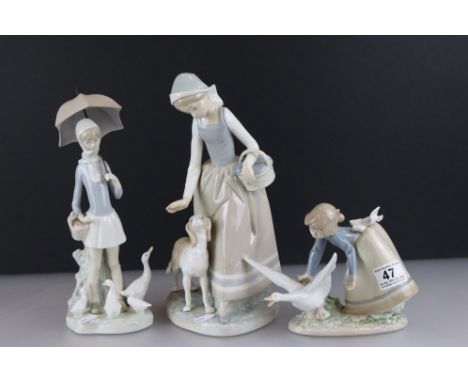 Nao porcelain figure of a girl with basket &amp; dog, 29cm tall, together with two Lladro porcelain figures to include a mode