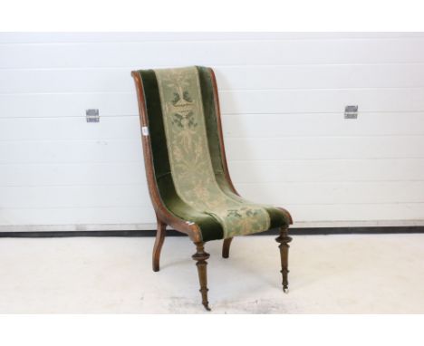 19th century Slipper Chair with green velvet and tapestry upholstery, 92cm high x 46cm wide 