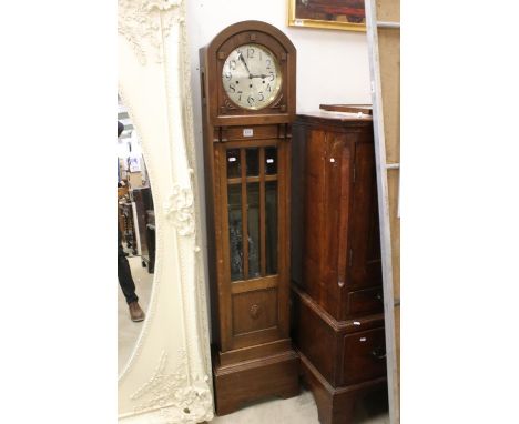 1920's / 30's Oak Domed Top Longcase Grandmother Clock, the silvered dial with Arabic numerals and three winding holes, with 