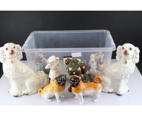 Collection of mixed ceramic figures, many Staffordshire examples, to include a large pair of white and gilt Staffordshire dog