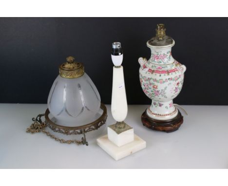 Oriental Famille Rose urn-shaped lamp base on pot stand, 35cm tall, together with a white marble lamp base with brass fitting