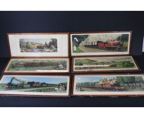 Five C Hamilton Ellis ' Travel In ' series of Prints depicting Steam Trains and Carriages, images 59cm x 19cm, framed and gla