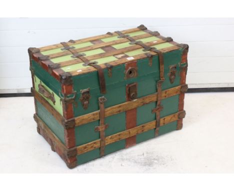 Late 19th / Early 20th century Wooden and Canvas Covered Large Travelling Trunk, with metal mounts and leather straps, 83cm w