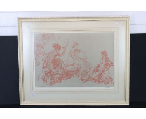 Sir William Russell Flint, 1969 Signed Print of the red chalk drawing ' Discussion ', signed in pencil to the margin and with