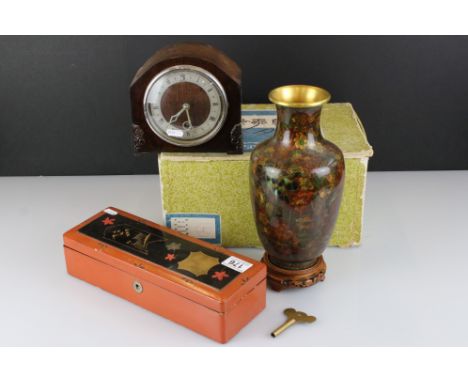 A small group of mixed collectables to include a Chinese cloisonné vase, a lacquer ware box and a mantle clock. 