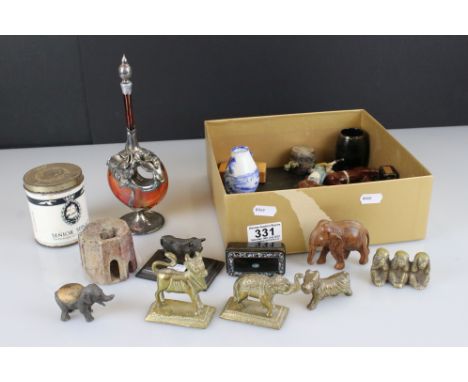 A box of mixed collectables to include snuff box, pin cushions, lead figures, scent bottle ...etc.. 