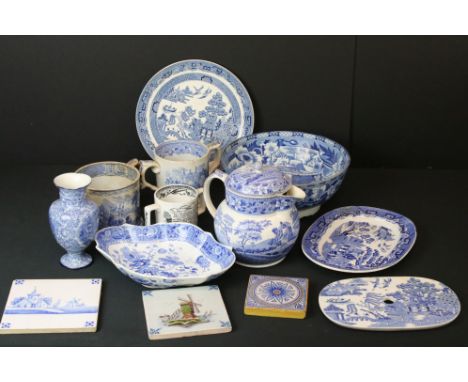 Collection of blue and white ceramics to include 2x 19th century loving cups a/f, 2 Delft tiles, a Copeland Garrett Late Spod