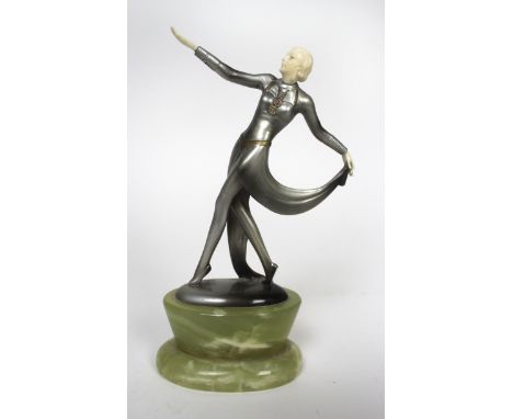 Josef Lorenzl (1892-1950) Art Deco bronze and ivory figurine Modelled as a dancing girl, with silver and gilt dress with geom