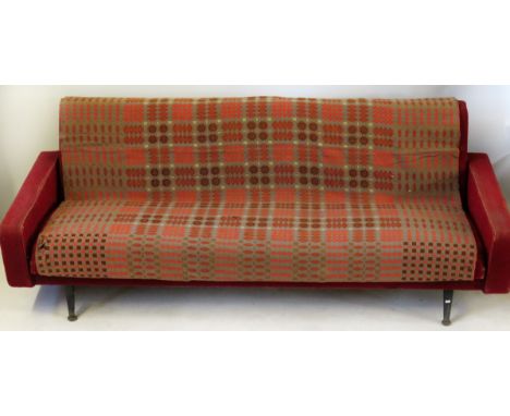 A Mid Century sofa bed Of tall narrow form upholstered with a checkered fabric, length 209cmCONDITION REPORTRecliner mechanis