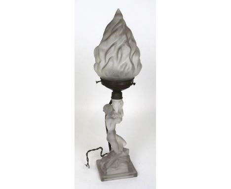 An Art Deco Walther & Sohne frosted glass table lamp and shade Modelled in the form of a nude lady supporting a central colum