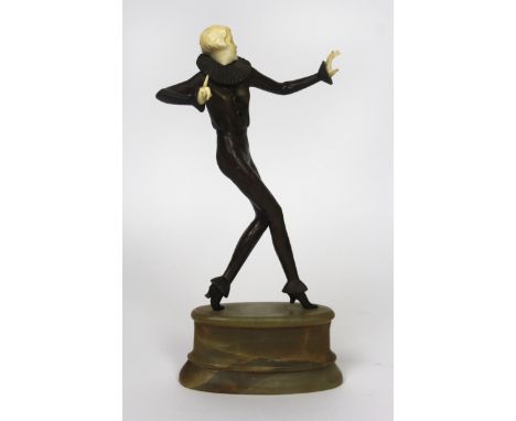 Josef Lorenzl (1892-1950) Art Deco bronze and ivory figurine Modelled as a dancing girl with checkered dress, signed to onyx 