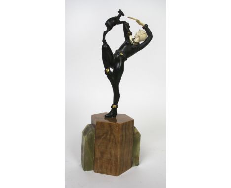 Samuel Lipchytz (1880-1943) Art Deco bronze and ivory figurine‘Gazelle Dancer’ signed to base, raised on raised on hexagonal 