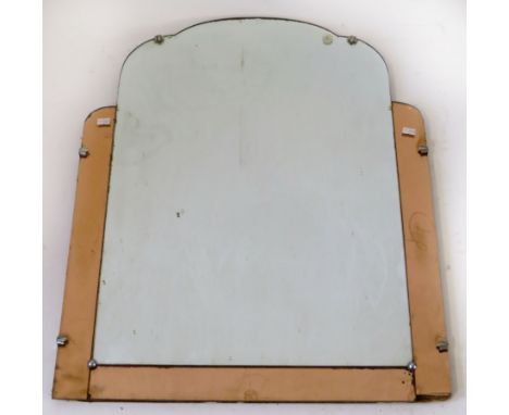 An Art Deco wall mirrorWith curved top having a central clear panel flanked by two peach panels, height 70cm, width 56cm 