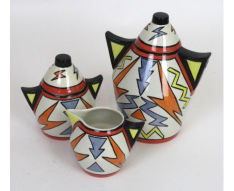 An Old Ellgrave Pottery limited edition three piece tea service Decorated with multi-coloured geometric decoration, numbered 