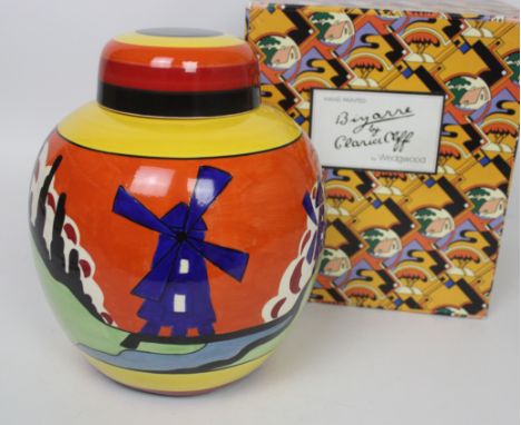 After Clarice Cliff a Wedgwood limited edition ceramic jar and cover Decorated in the Blue Windmill pattern, printed factory 
