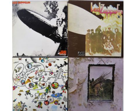 Four Vinyl LPs by Led Zeppelin Includes their debut album 'Led Zeppelin' (Version 6) orange lettering on sleeve with red & pl