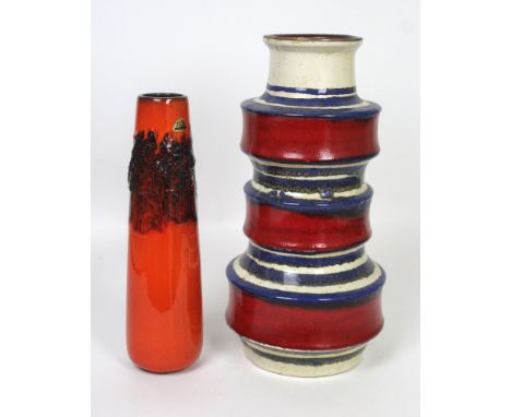 Two pieces of West German Fat Lava ceramic vasesTo include Scheurich example having three ringed design with colours of red a