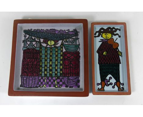 Two ceramic dishes by Stig Lindberg for Gustavsberg The rectangular example decorated with a figure playing a violin, length 