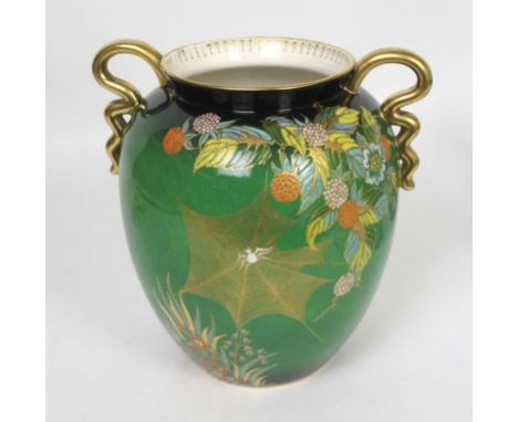 A large Carlton Ware Art Deco Vert Royale twin handled vaseDecorated in gilt with spider and web with foliate, factory marks 