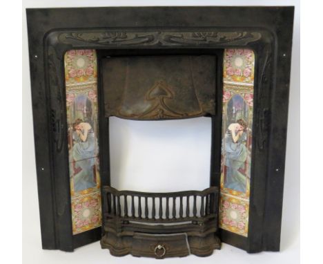 An Art Nouveau style cast iron fire surround Having cast floral decoration, inset with ten ceramic tiles depicting typical Ar