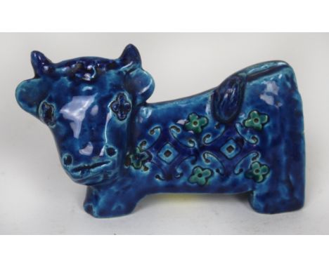 Aldo Londi Bitossi Italian ceramic model of a bull Having impressed stylised decoration on a turquoise blue ground, length 15
