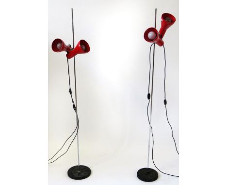 A pair of retro standard lampsEach having two plastic light holders, raised on chrome stands, height 151cm 