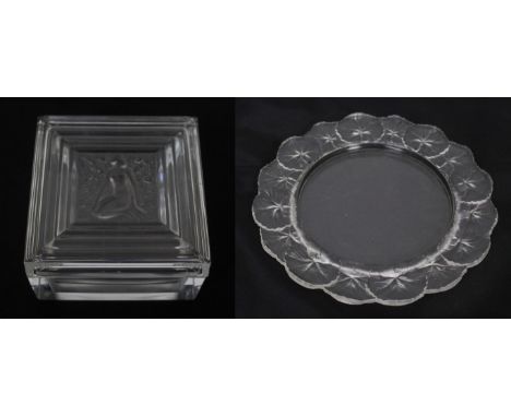 A Lalique Trinket BoxA Lalique France frosted and clear glass trinket box, of square form ‘Ducan’, signed, diameter 9cm, toge