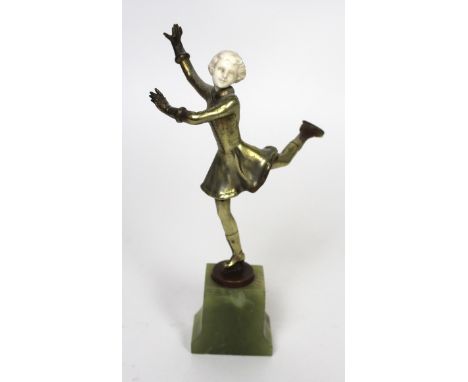 Josef Lorenzl (1892-1950) Art Deco bronze and ivory figurine‘Skating Girl’ cast signature, raised on onyx plinth base, height