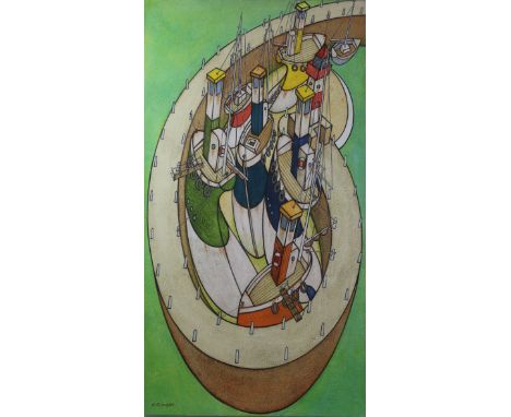 Chris Swann (20th Century) ‘Abstract Harbour’Oil on panel, signed, 84x45cm 