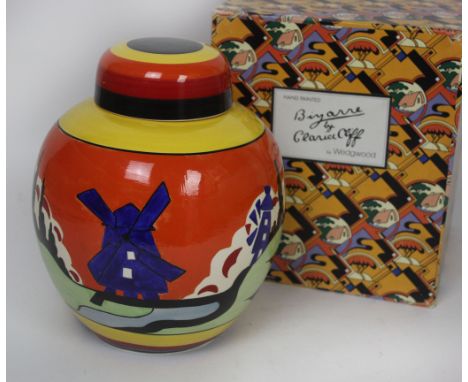 After Clarice Cliff a Wedgwood limited edition ceramic jar and cover Decorated in the Blue Windmill pattern, printed factory 