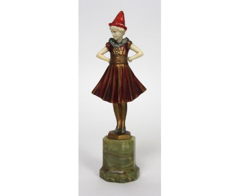 Ferdinand Preiss (1882-1943) Art Deco bronze and ivory figurine ‘Pierrette’ cast signature to base, raised on octagonal onyx 