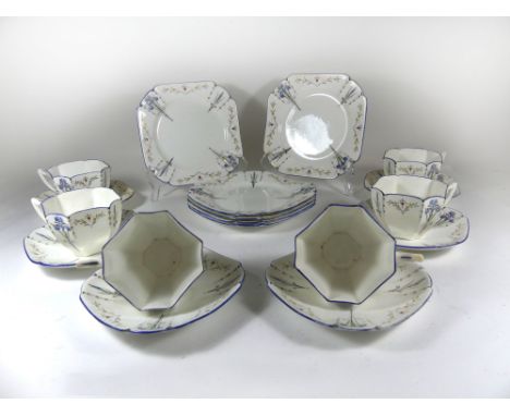 An Art Deco Shelley eighteen piece tea service Decorated in the Blue Iris pattern in the Queen Anne shape, fitted in original