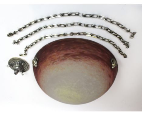 An Art Nouveau Muller Freres frosted glass ceiling light shadeOf circular form, etched signature to rim, with silvered Rams h