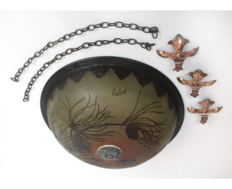 An Art Nouveau cameo glass ceiling light shade By Richard, decorated with butterflies and foliate, signed, diameter 39.5cm, c