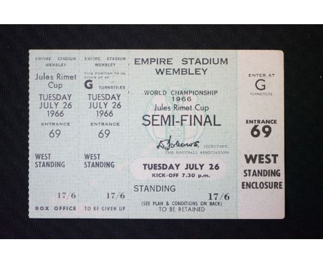 World Cup 1966 - Unused match ticket for World Cup England 1966 Semi Final England v Portugal played 26th July 1966 (excellen