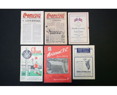 Six 1940s Liverpool away football programmes to include v Derby County 21st May 1945, Charlton Athletic 17th Sept 1947, Manch