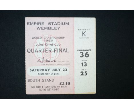 World Cup 1966 - Match ticket for Quarter Final England v Argentina played at Wembley 23rd July 1966, vg 