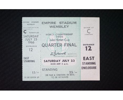 World Cup 1966 - Match ticket for Quarter Final England v Argentina played at Wembley 23rd July 1966, with one of the two stu