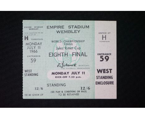 World Cup 1966 - Match ticket for England v Uruguay played at Wembley 11th July 1966 with one of the two stubs remaining on t