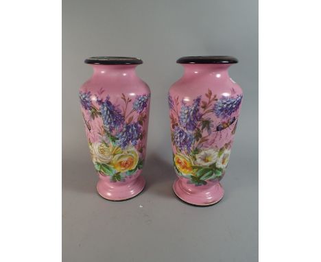 A Pair of Victorian Ceramic Mantle Vases Decorated with Insects and Flowers on Pink Ground, 34cm high 