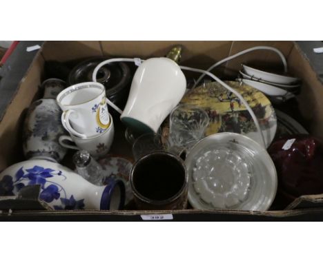 Two Boxes of Sundries to Include China and Glassware, Oriental Light Shades etc